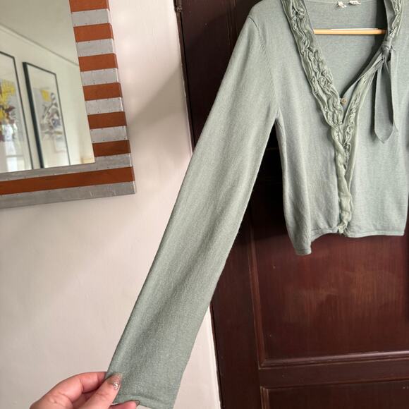 MOTH | Anthropologie Sage Green Wool Cotton Silk Ruffle Trim Cardigan | Large - Picture 4 of 6